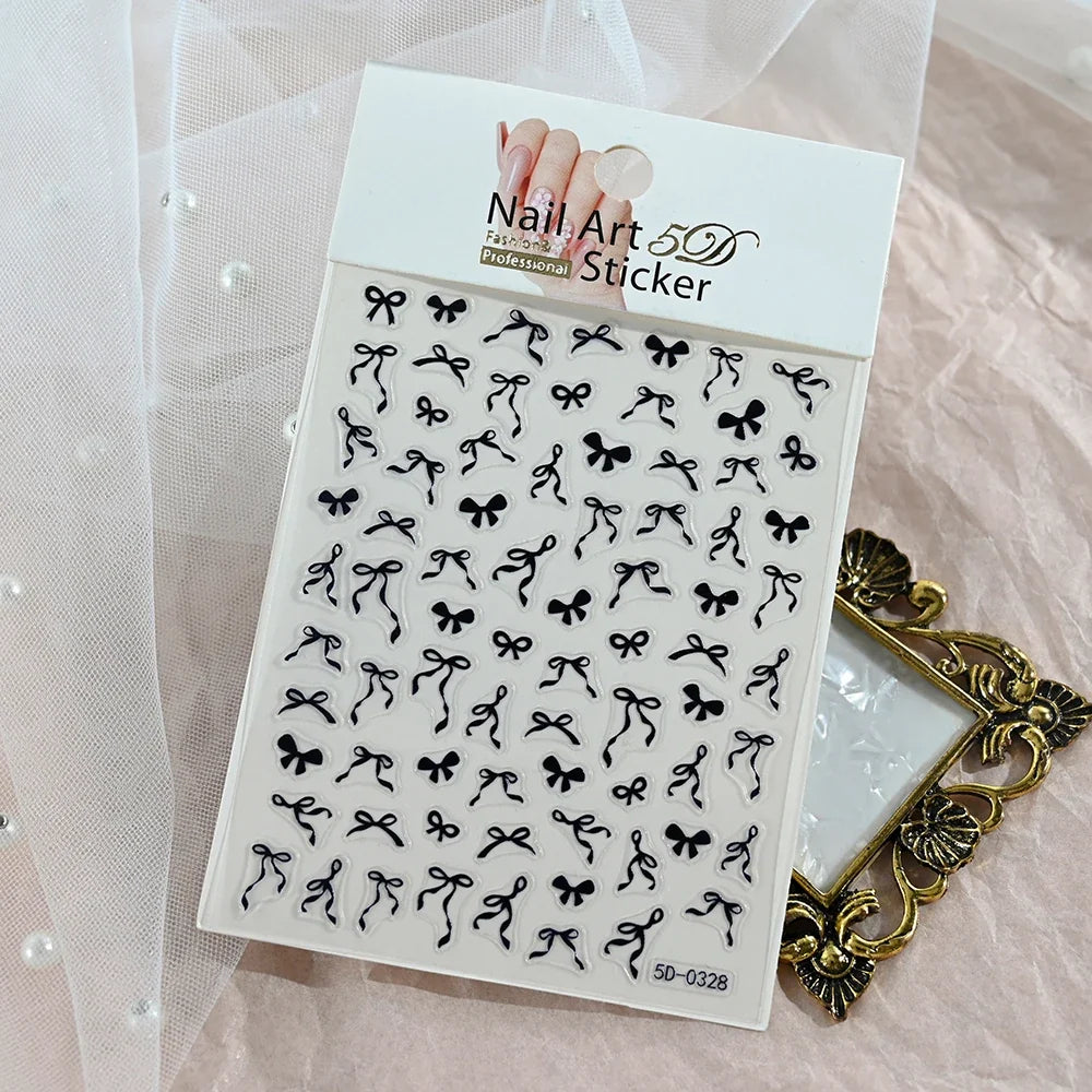 5D White Lace Bowknot Nail Art Stickers – Self-Adhesive Pearl Ribbon Luxury Nail Decals for DIY Manicure Decoration