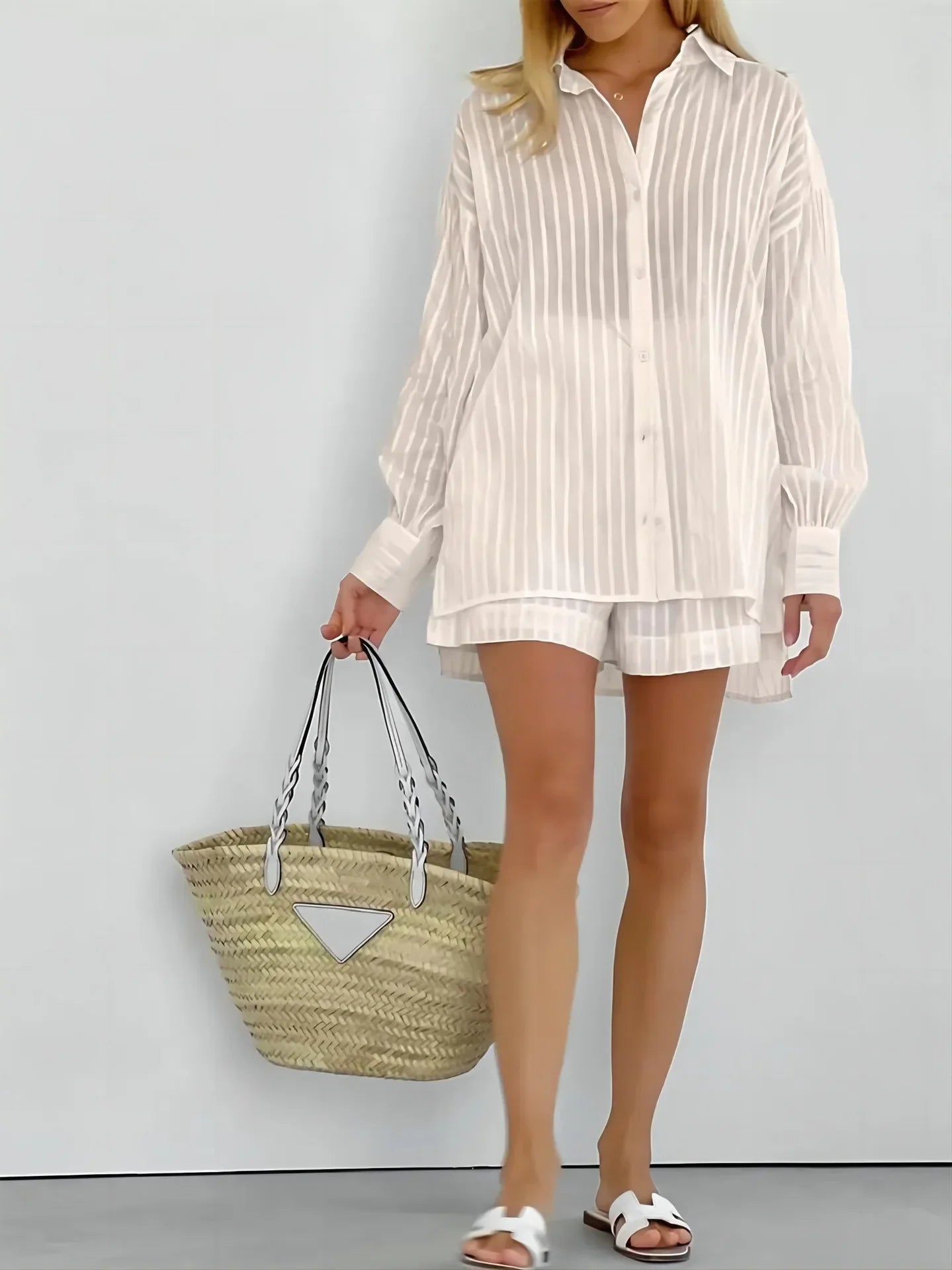 2024 Women’s Two-Piece Set – Solid Cotton Stripe Long Sleeve Shirt & Shorts, Spring/Summer Casual Outfit
