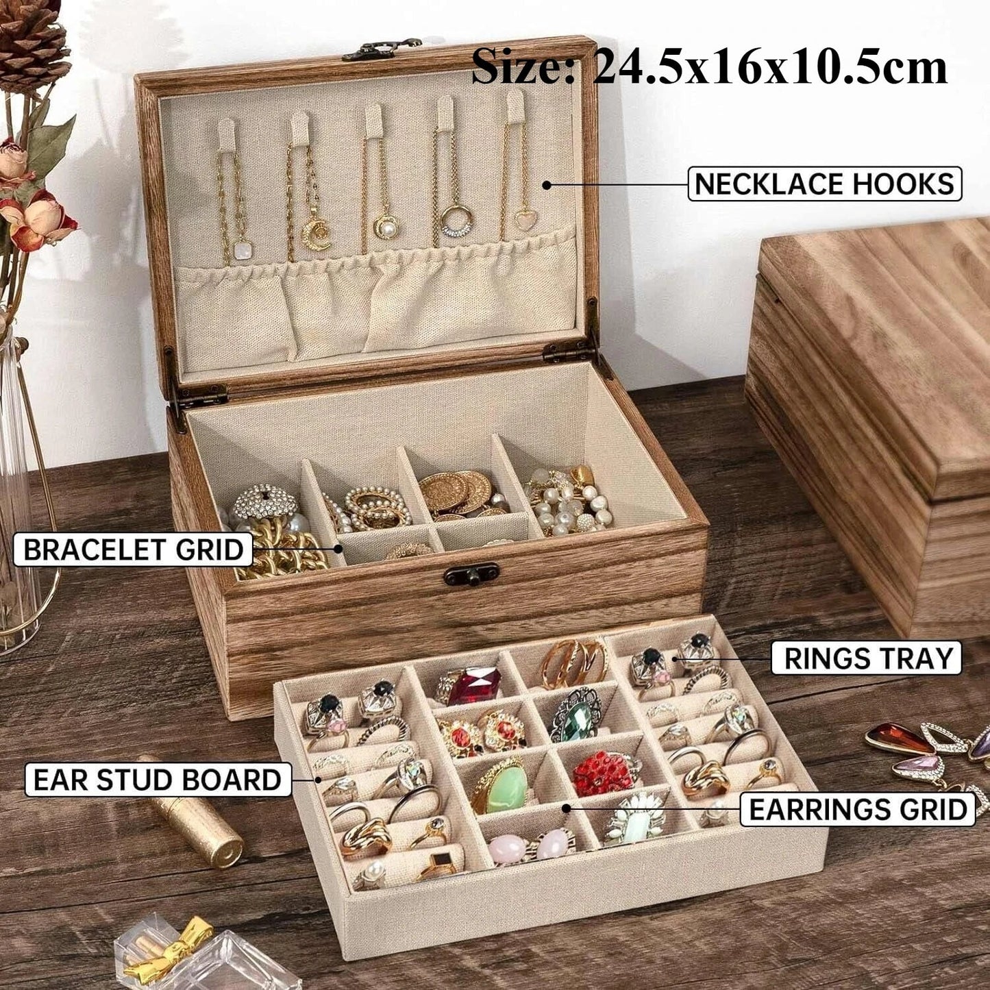 Vintage Solid Wood Jewelry Box – Two-Layer Necklace & Earring Display with Mirror