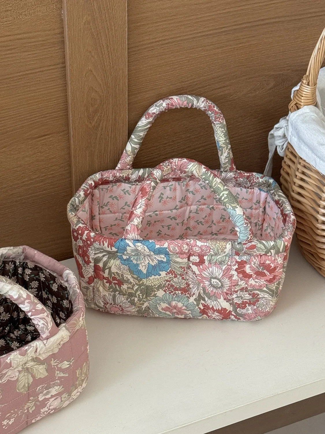 Quilted Fabric Desktop Storage Basket – Large Home Organizer for Snacks, Laundry & Miscellaneous Items, Garden Style Design