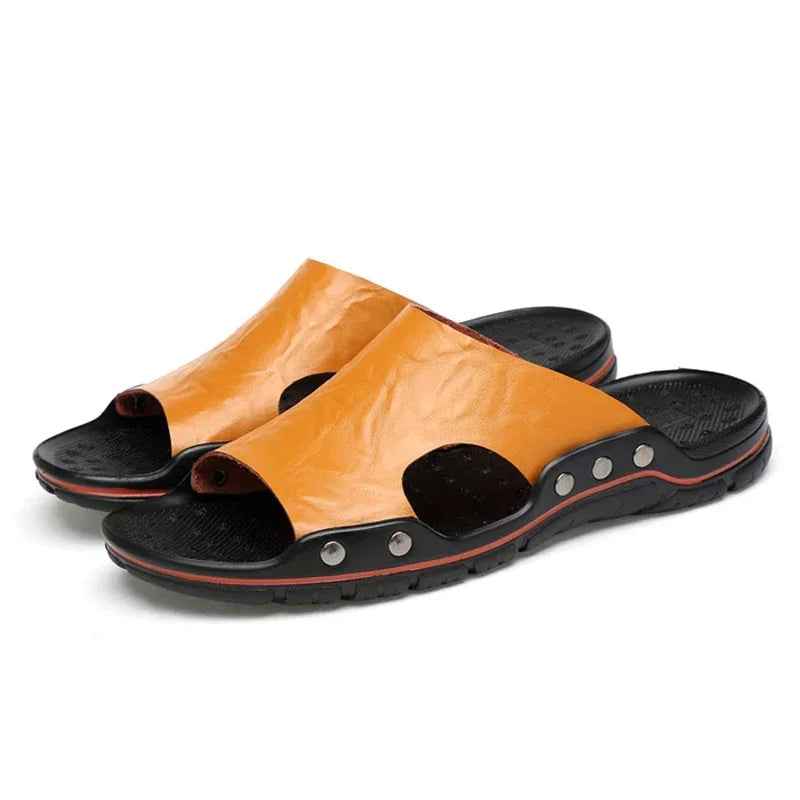 YRZL Men’s PU Leather Sandals – Classic Summer Slippers, Soft Black Lightweight EVA Slides, Big Sizes