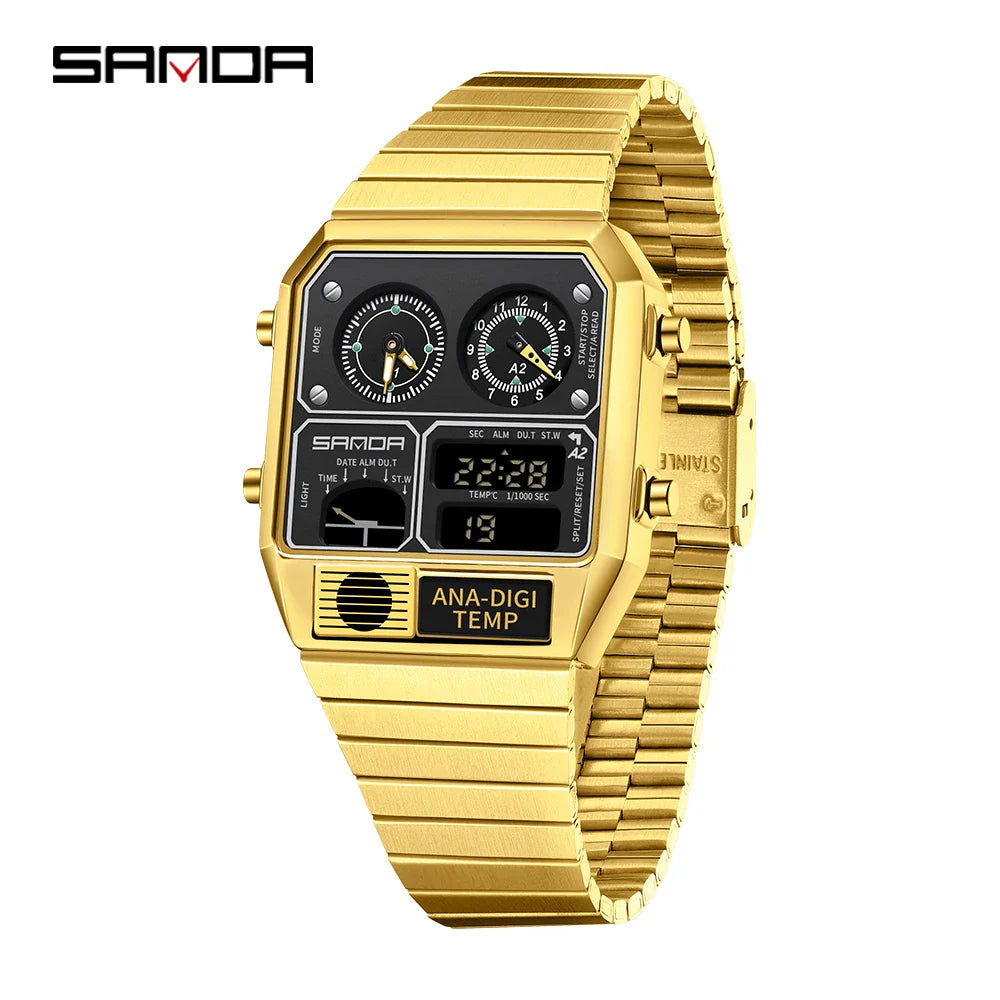 SANDA 3192 Men’s LED Square Watch — Youth Casual Multi-Function Stopwatch Thermometer Chronograph