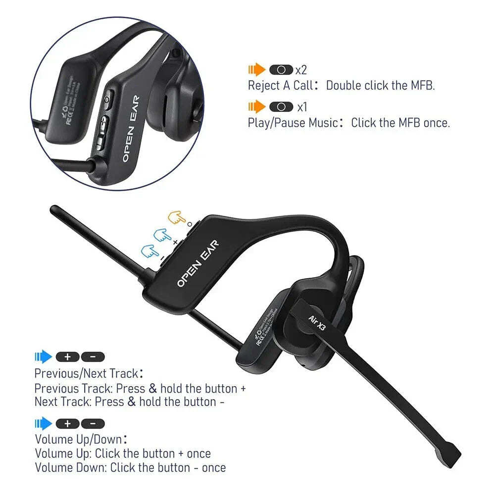 Open-Ear Bluetooth Headset — Wireless Air Conduction Headphones with Noise-Canceling Microphone for Truckers, Office & Call Centers