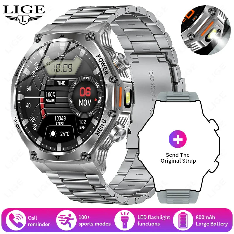 LIGE 2025 Smartwatch for Men — 800mAh Ultra Long Battery, Waterproof Outdoor Sport Watch with Bluetooth Call & Military Design