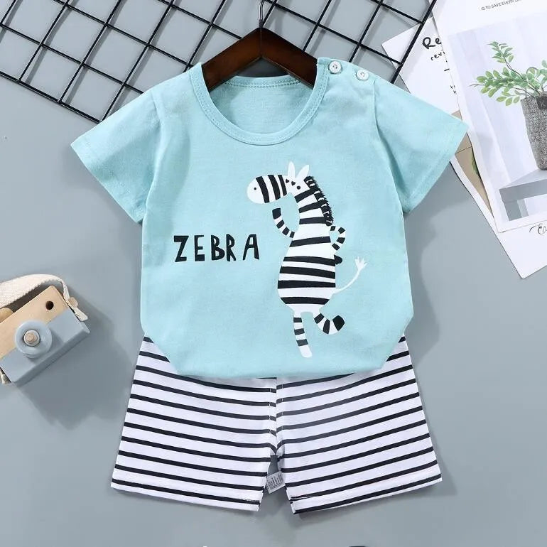 Kid Boy Summer 2-Piece Set – Soft Cotton Short Sleeve Tee & Stripe Shorts with Cartoon Zebra Print, Casual Sportswear for Ages 1-6