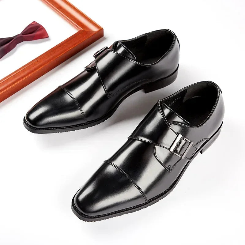 Men’s Genuine Cow Leather Monk Strap Shoes - Single Buckle Cap Toe Business & Wedding Dress Shoes