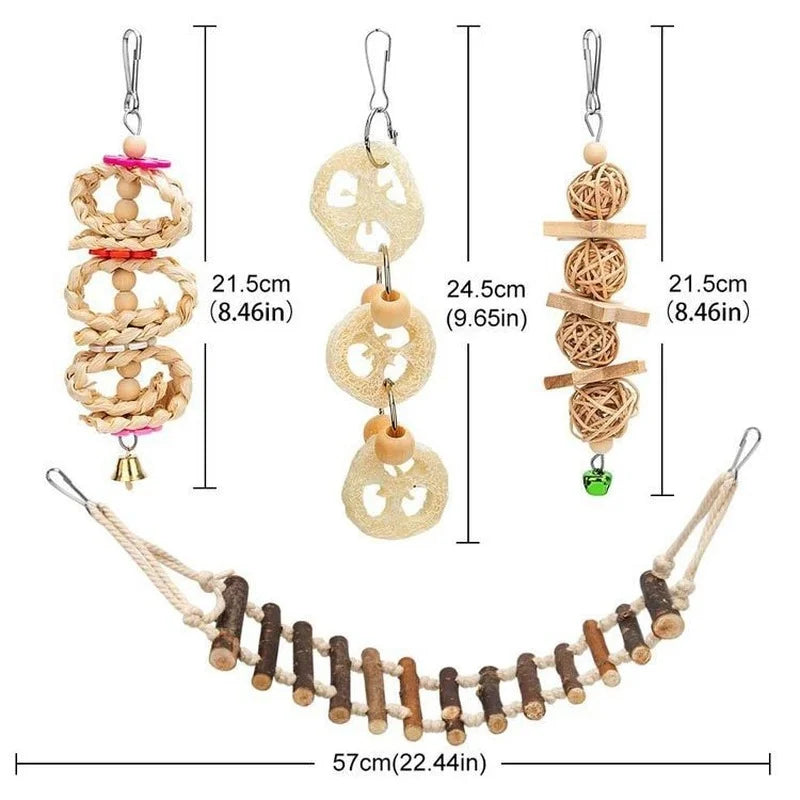 8-Piece Parrot Bird Toy Set: Wooden Articles for Training & Entertainment - Swing, Bell, and Standing Toys Included
