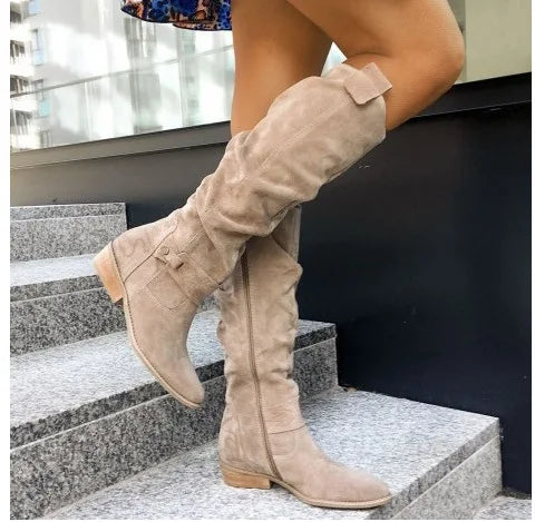 Women’s Thigh-High Suede Boots – Low Heel Side-Zip Knee-High Booties, Retro Autumn Winter Size 43