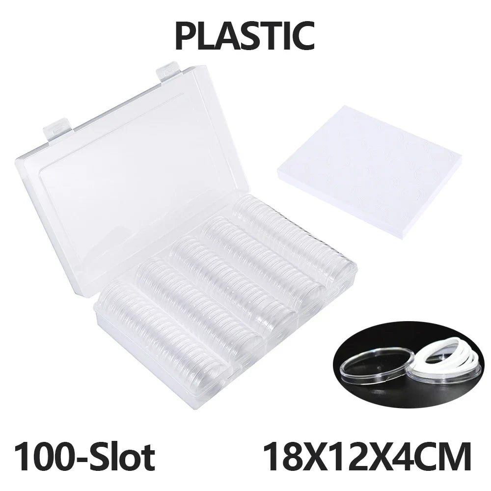 100pcs Clear Coin Capsules – Adjustable Universal Storage Box with Pads for Commemorative Coins & Medals