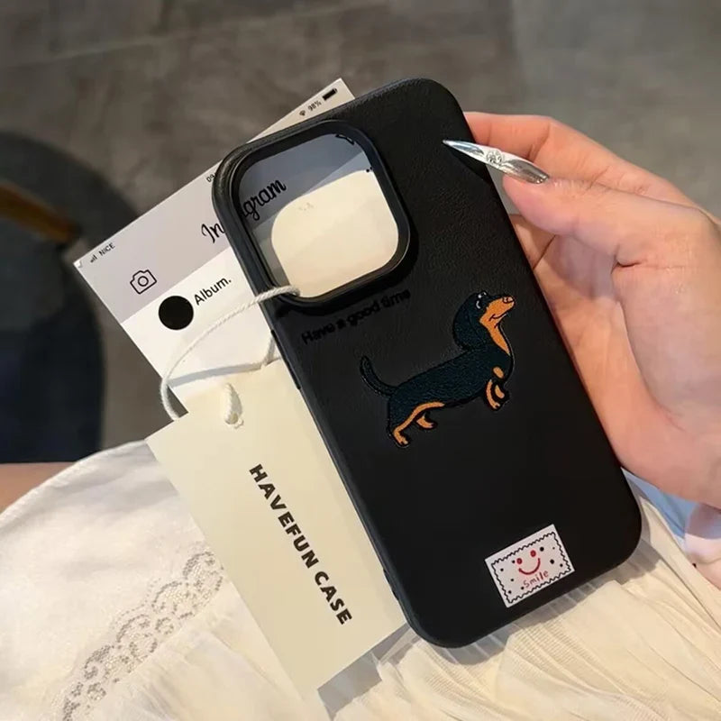 Cute Cartoon Dachshund iPhone Case β Litchi Texture Cover for iPhone 11β17 Pro/Pro Max/Plus/XS Max/XR