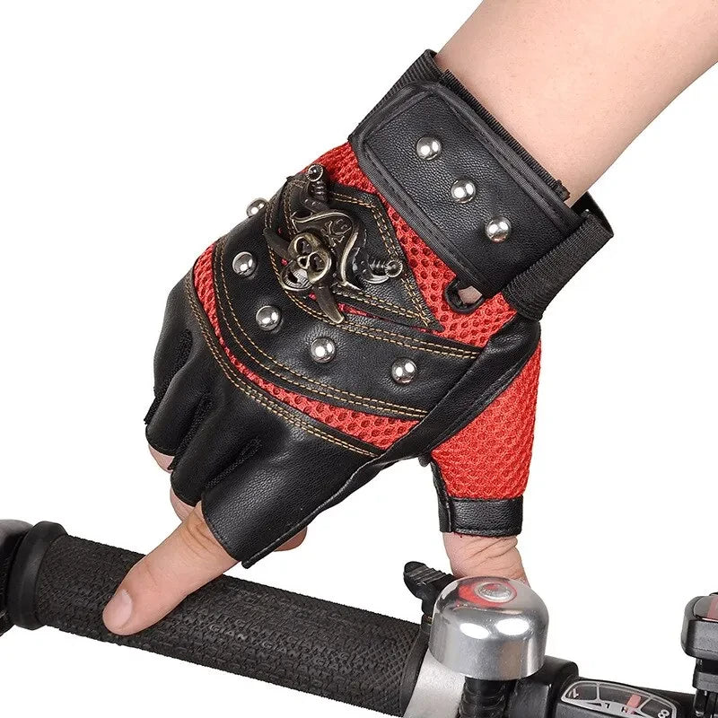 Pirate Skull PU Leather Fingerless Gloves for Men & Women – Hip Hop, Gym, Moto Half-Finger Mitts with Rivets