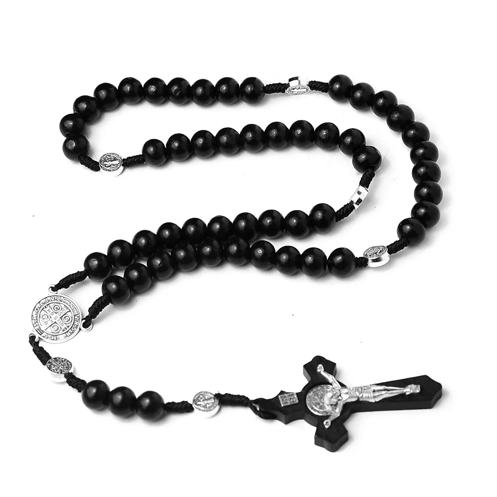 10MM Wood Bead Rosary Cross Necklace – Christian Virgin Mary INRI Pendant Chain for Men & Women Religious Jewelry