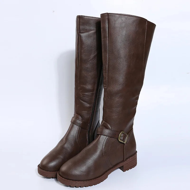 Women’s Knee-High Platform Boots – Low Heel Round Toe Brown PU Leather Long Boots with Zipper, Vintage Style 2025