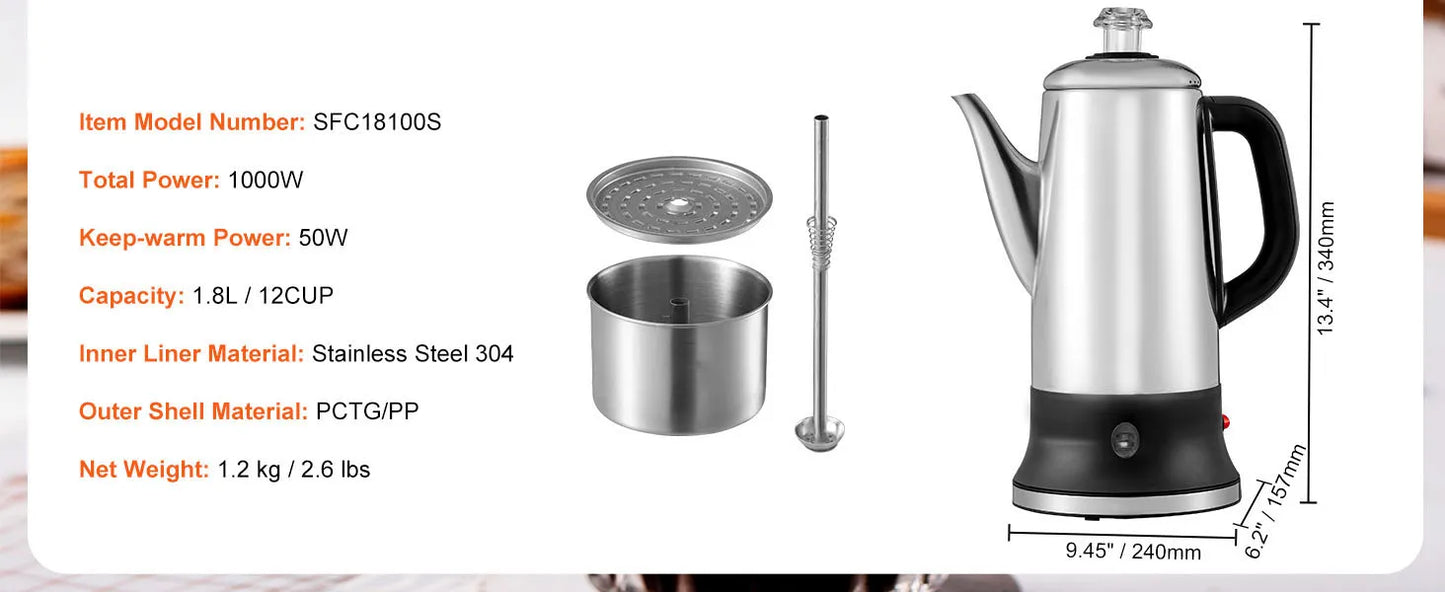 SucceBuy 12-Cup Electric Coffee Percolator – 304 Stainless Steel with Keep Warm Function