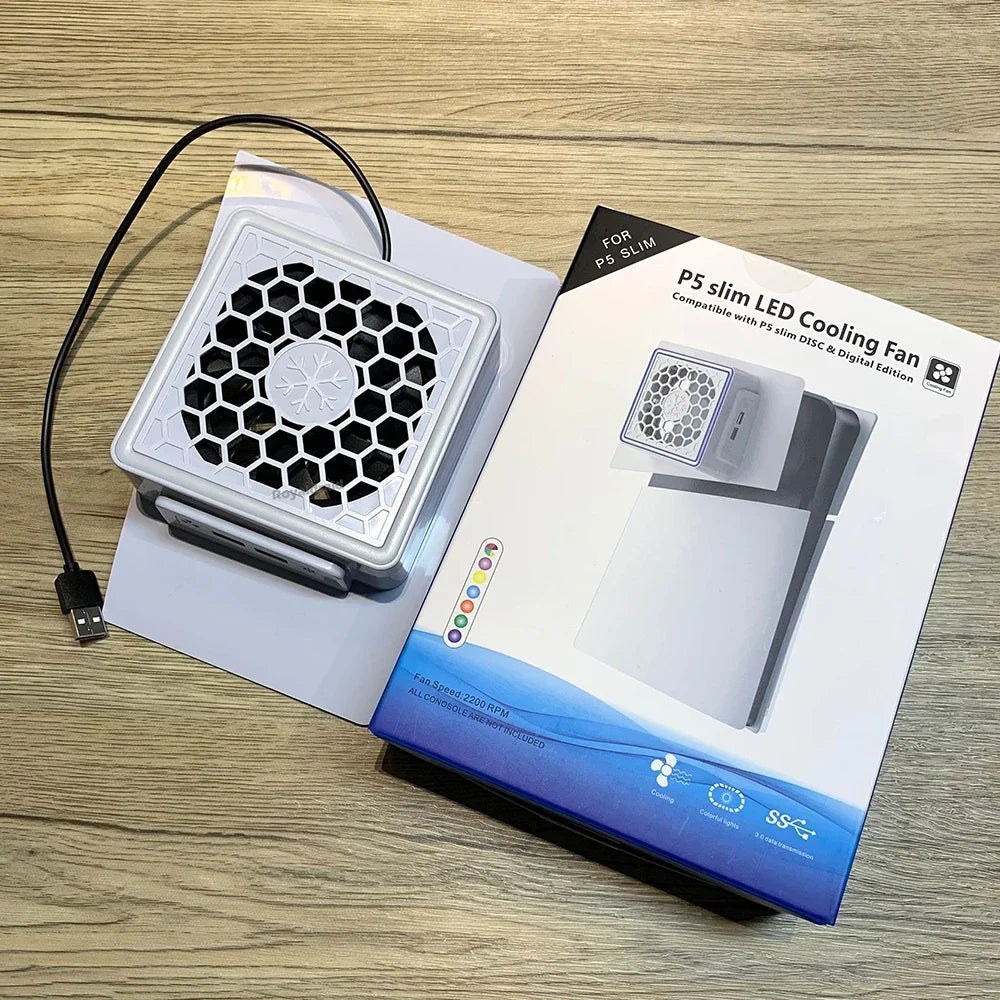 NEW Side-Mounted Cooling Fan for PS5 Slim – LED Light & 2 USB Ports Game Console Cooler Accessory