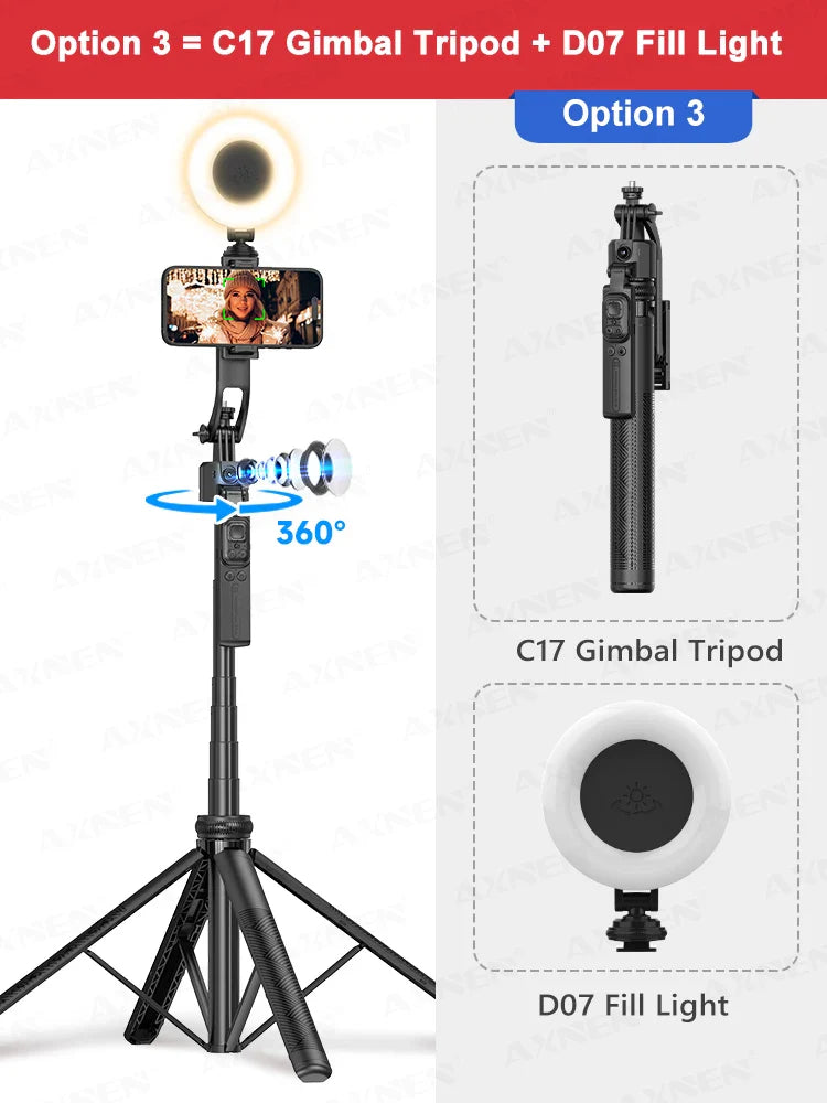 C17 AI Smart Gimbal Tripod – Foldable 360° Selfie Stick with Auto Face Tracking Quadruped Mobile Phone Holder