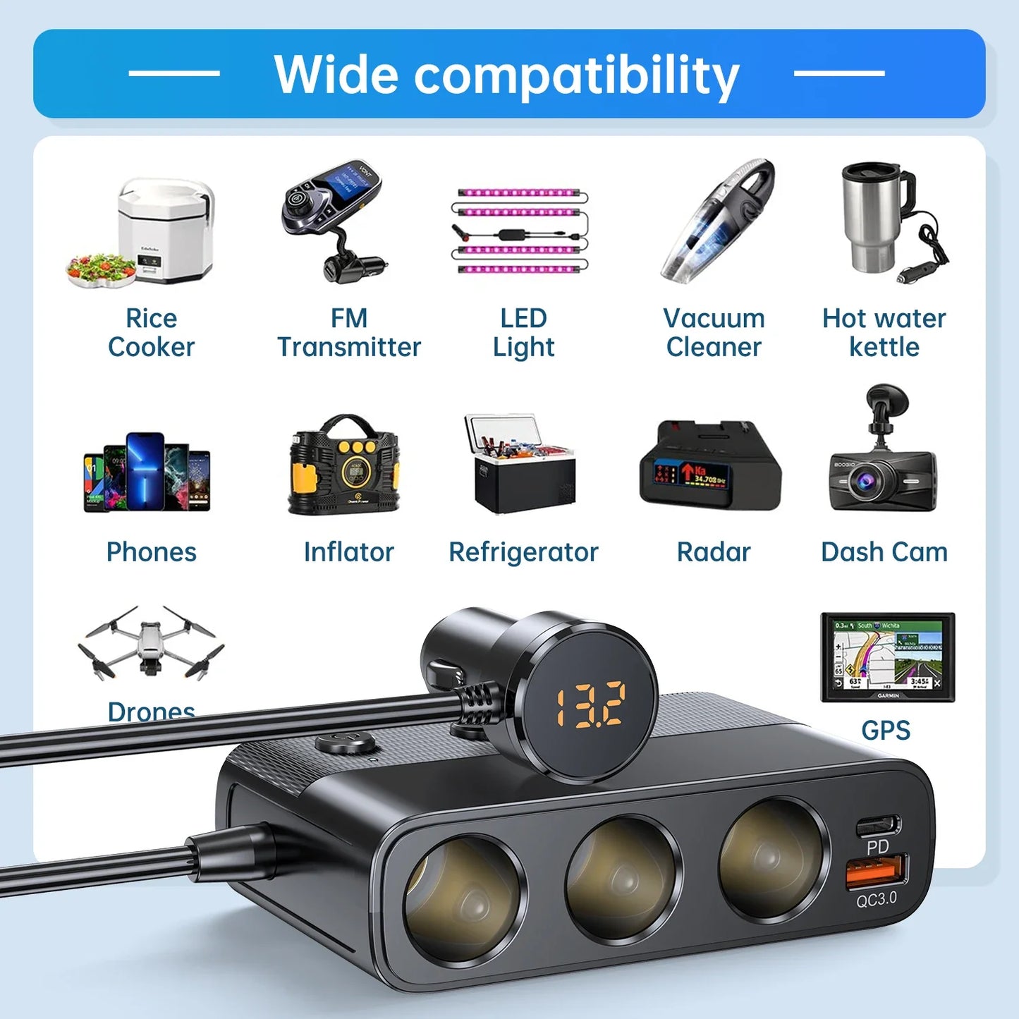New 127W 7-in-1 Car Charger Splitter: PD30W QC3.0 Cigarette Lighter Adapter - Socket Splitter with Switch, Car Cigarette Lighter Accessory