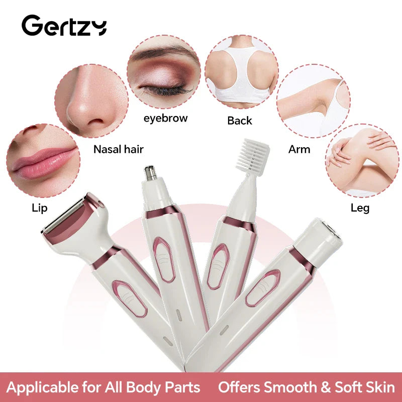 4-in-1 Rechargeable Electric Razor for Women – Wet & Dry Painless Trimmer for Face, Nose, Legs, Underarm & Bikini