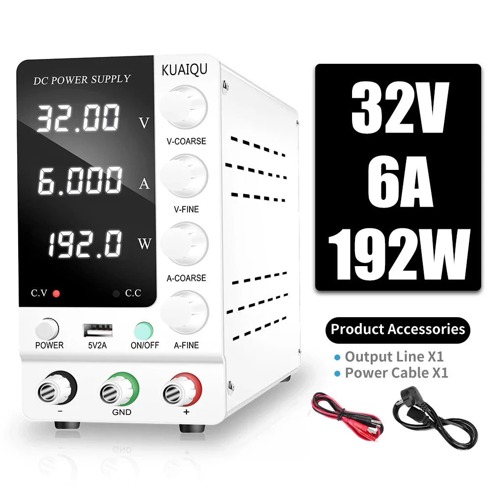 KUAIQU Adjustable DC Power Supply – Lab Bench 30V 10A, 60V 5A, 120V 3A with Preset Current & USB Interface