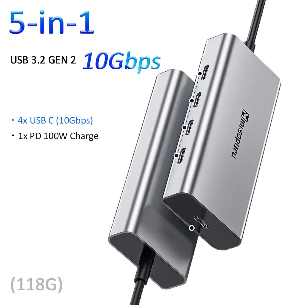 Minisopuru USB C Hub 10Gbps – USB 3.2 Type-C to USB Adapter with 100W PD for MacBook Pro, iMac & PC Accessories