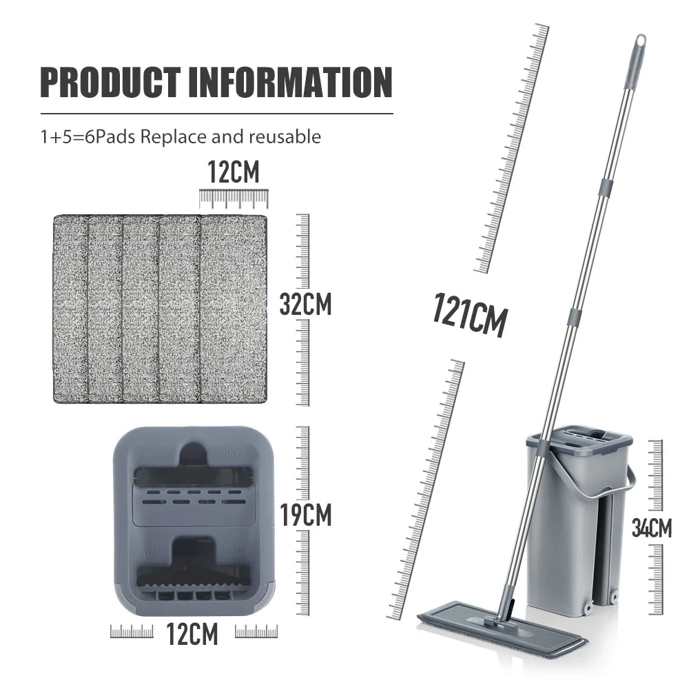 Hands-Free Flat Floor Mop & Bucket Set — Professional Home Cleaning System with Washable Microfiber Pads for Hardwood Floors