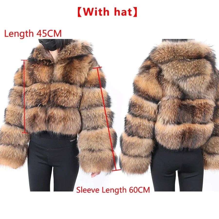 2025 Maomaokong Women’s Real Fur Coat – Natural Raccoon & Fox Fur Jacket with Hood, Warm Winter Outerwear