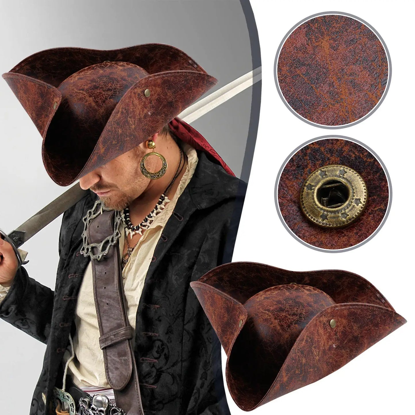 Brown Faux Leather Triangle Pirate Hat – Adult Cosplay Costume Accessory