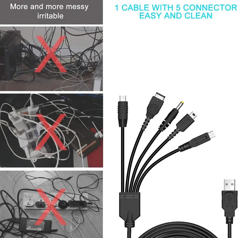 5-in-1 USB-C Multi Charging Cable — Compatible with Nintendo New 3DS XL, NDS Lite, NDSi LL, Wii U, GBA & Sony PSP 1000/2000