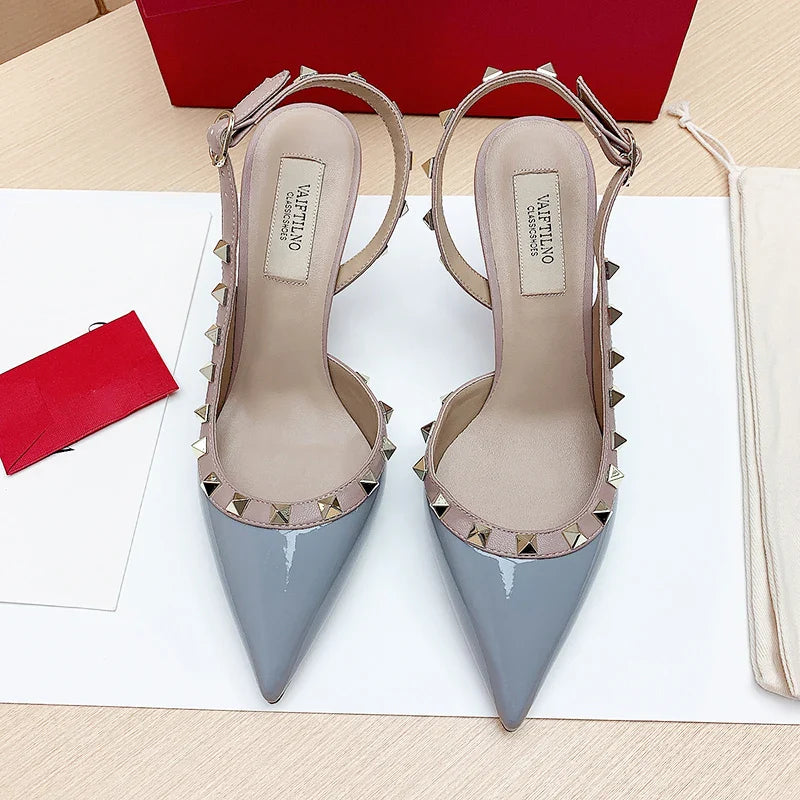 Women’s 2025 Luxury High Heel Sandals – Metal Rivet Gladiator Pointed Toe Stiletto Summer Party Shoes