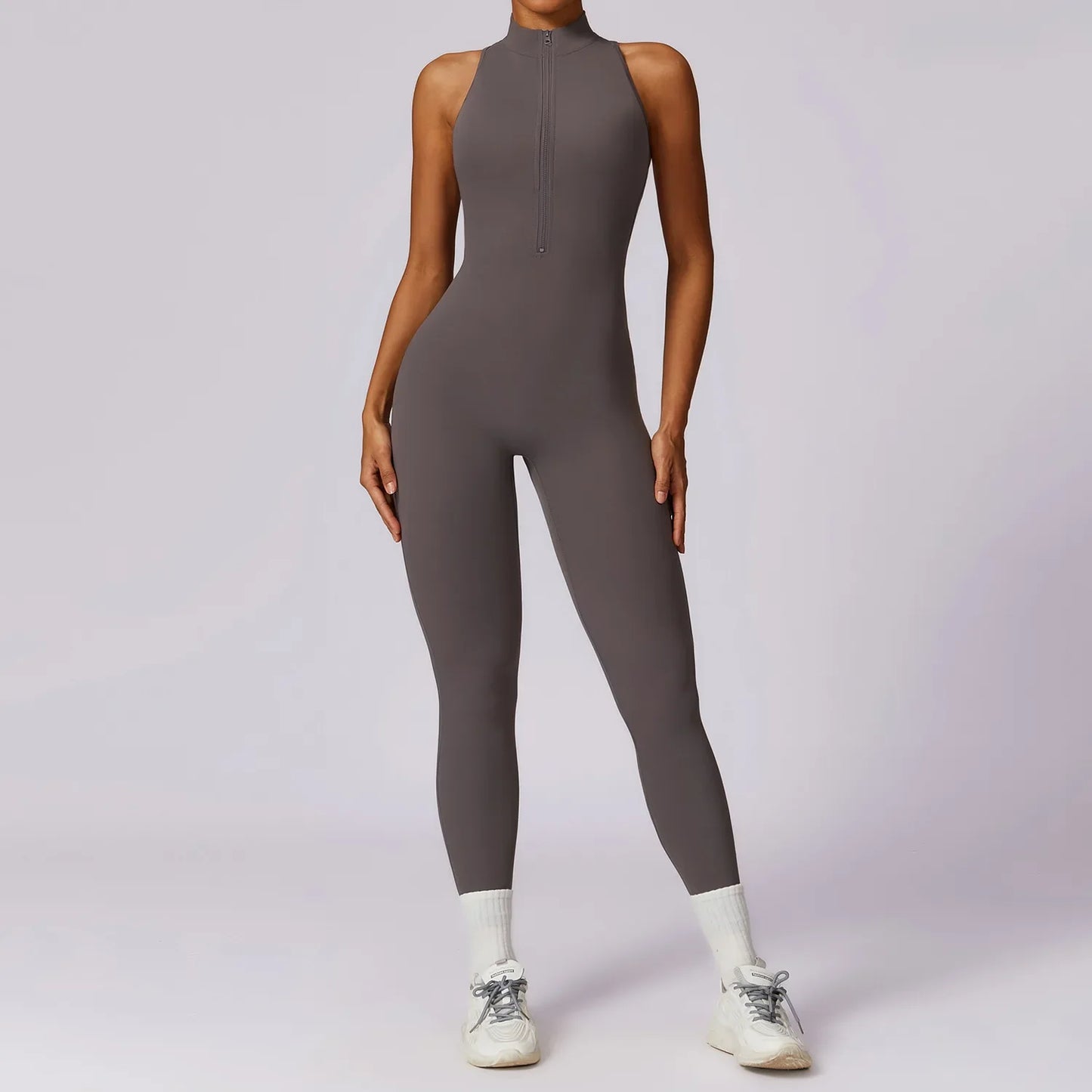 Women’s V-Back One-Piece Sports Jumpsuit — Sleeveless Yoga Romper with Zipper Workout Bodysuit