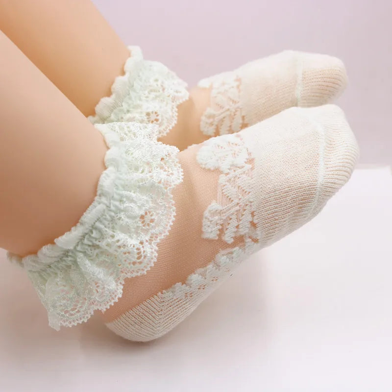 Summer Girls’ Mesh Cotton Socks with Ruffle Lace, Flower Princess Anti-Slip White Socks for Kids