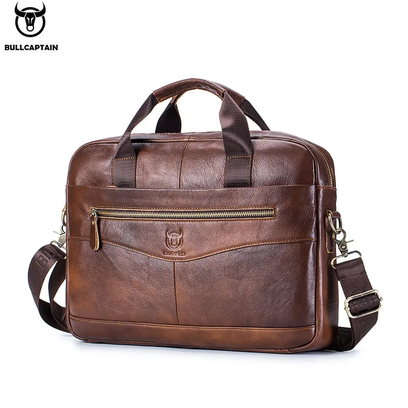 BULLCAPTAIN Men's Genuine Leather Briefcase β 14-Inch Laptop Shoulder Messenger Bag for Business & Office