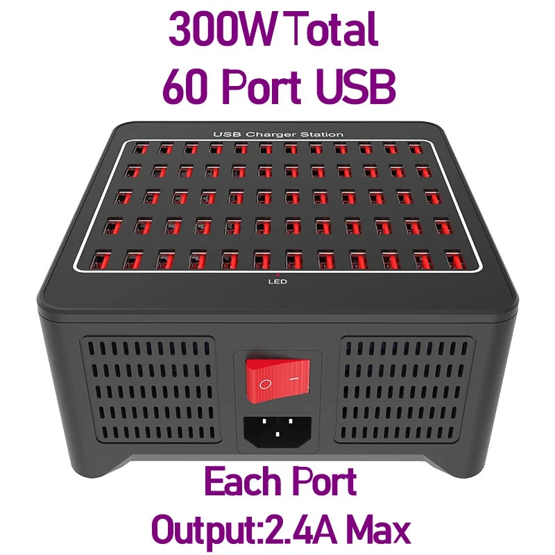 300W Universal Multi USB Charger Station – 60-Port Fast Charging for iPad, iPhone 11/12/13 Pro Max, Samsung Tablet