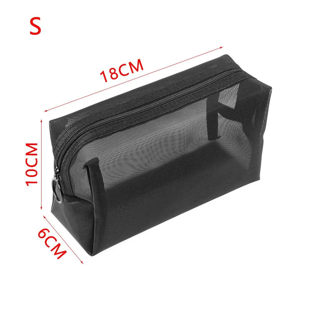 Travel Black Mesh Cosmetic Bag — Zipper Makeup & Toiletry Organizer for Women, Portable Storage Pouch