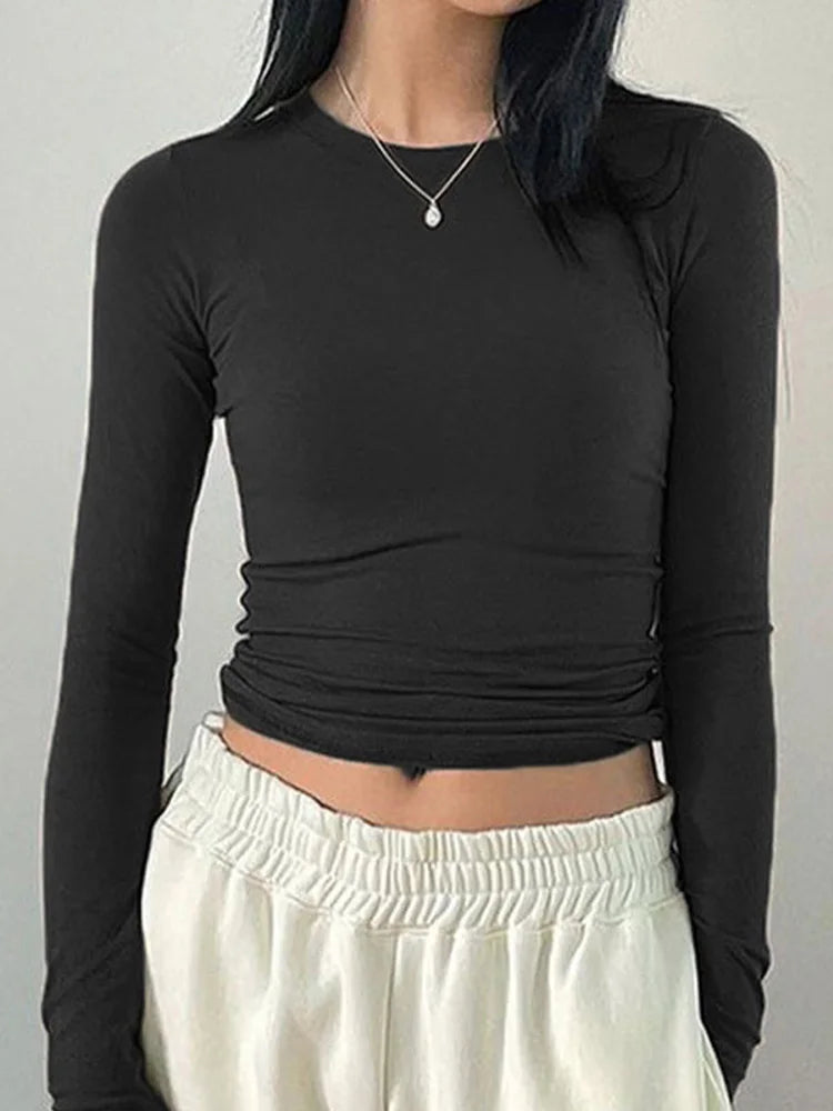 Women's Casual Slim Fit Long Sleeve T-Shirt – O-Neck Solid Color Thumb Hole Streetwear Top for Spring & Fall