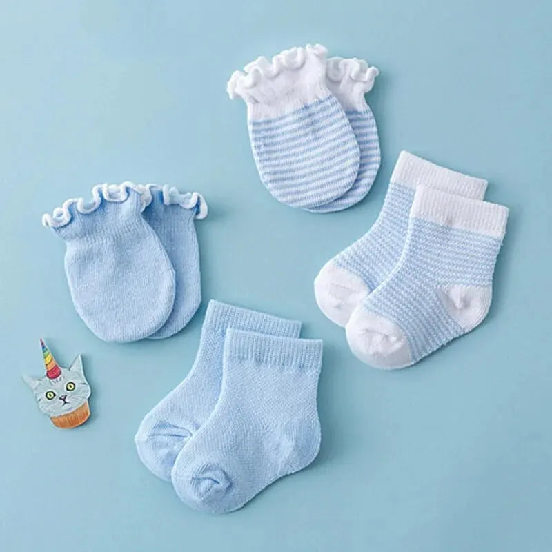 4-Pair Baby Socks & Gloves Set – Solid Color, Soft Cotton, Elastic Infant Toddler Ruffle Mittens for Newborn Girls & Boys
