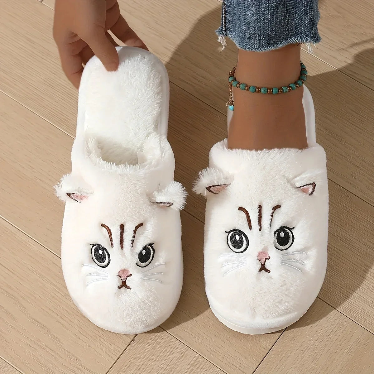 Women’s Plush Cat Slippers - Winter Warm Cozy Indoor House Shoes with Soft Non-Slip EVA Sole