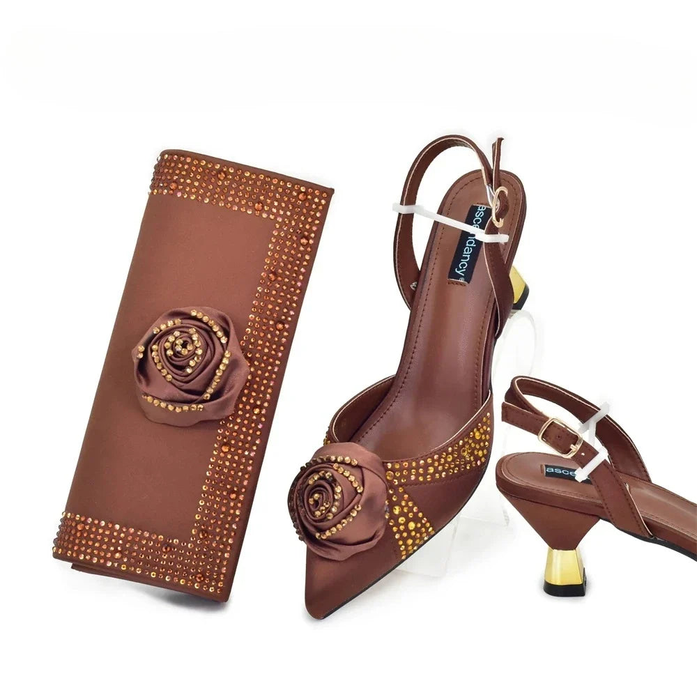Women's Rhinestone Shoe & Bag Set - Nigerian Party Pumps with Handmade Flower Matching Bag