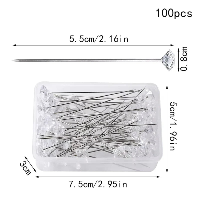 Fenrry 100PCS Diamond Head Pins – Crystal Corsage Sewing Pins, Straight Pins for Dressmaking & Party Decorations with Plastic Box