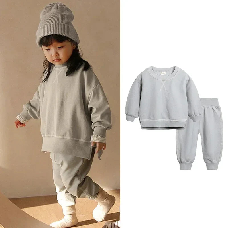 2PCS Kids Clothes Set for 1-7Y - Solid Cotton Pullover Sweatshirt & Pants, Long Sleeve Autumn Outfits for Boys & Girls