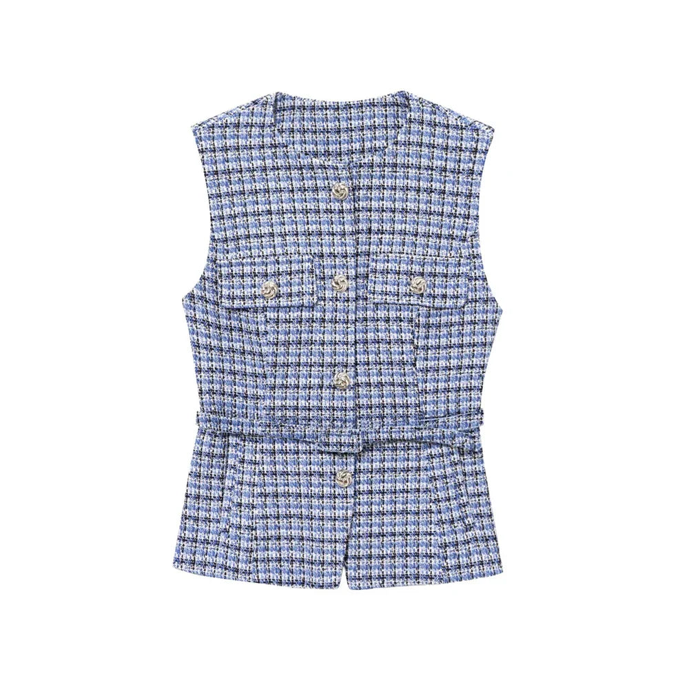 TRZA Women’s Tweed Waistcoat — Sleeveless O-Neck Top with Belt & Front Buttons, Chic Fashion Outerwear