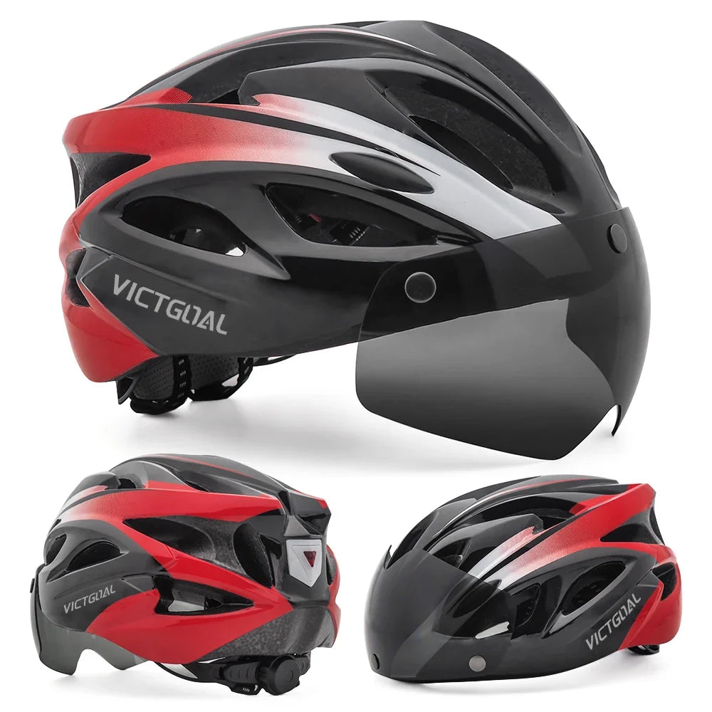 VICTGOAL Cycling Helmet for Men – MTB & Electric Scooter Safety Helmet with LED Taillight, Magnetic Goggles & UV400 Sun Visor