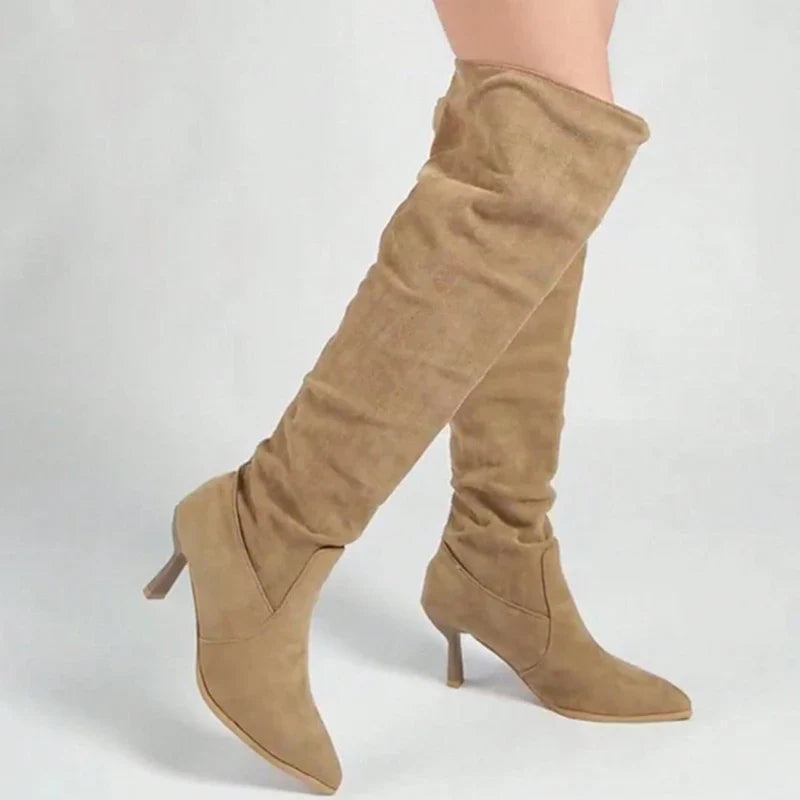 2025 Women’s Retro Black Suede Knee-High Boots – Pointed Toe, High Heel, Plus Size