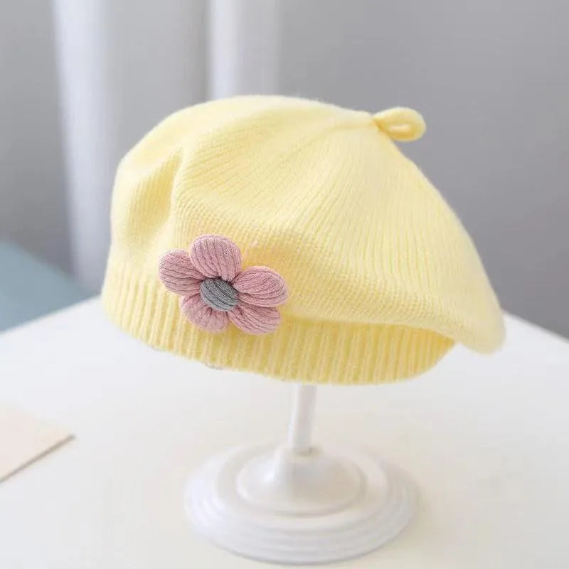 Flower Baby Beret Hat – Winter Warm Knitted Beanie for Infant & Toddler Girls, Korean Princess Artist Painter Cap Solid Color