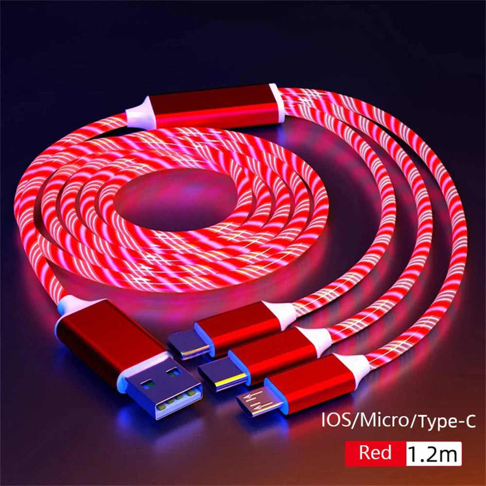 NNBILI 3-in-1 Glowing LED Fast Charging Cable – Luminous USB Type-C Charger for iPhone, Xiaomi & Phones
