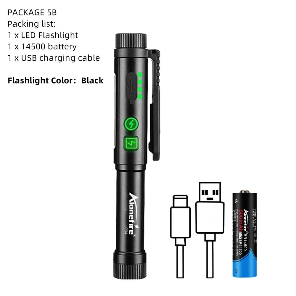 2-in-1 High Bright COB LED Pen Flashlight – USB Rechargeable Mini Torch for Camping, Hiking, Emergency & Outdoor Work Light