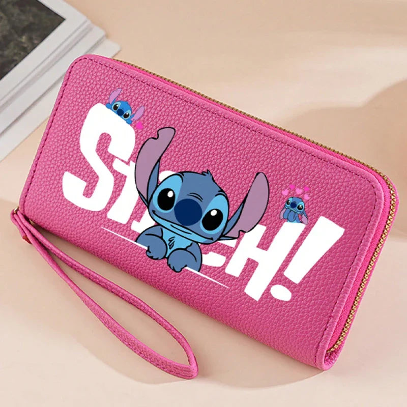 Stitch Long Zip Wallet for Women – Cute Cartoon Print with Wrist Strap, Soft Multi-Card Holder in 4 Colors