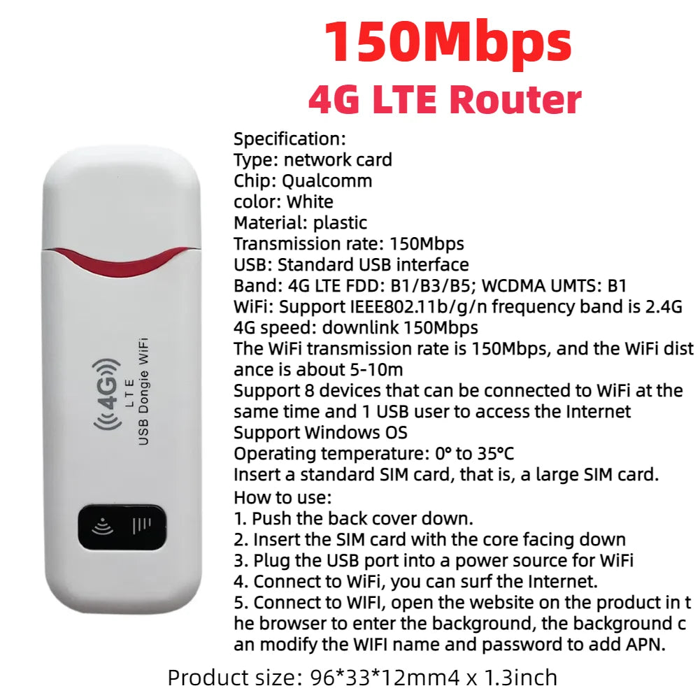 4G LTE USB Modem Dongle — 150Mbps Wireless WiFi Mobile Router with SIM Card Slot for Home & Office Pocket Hotspot