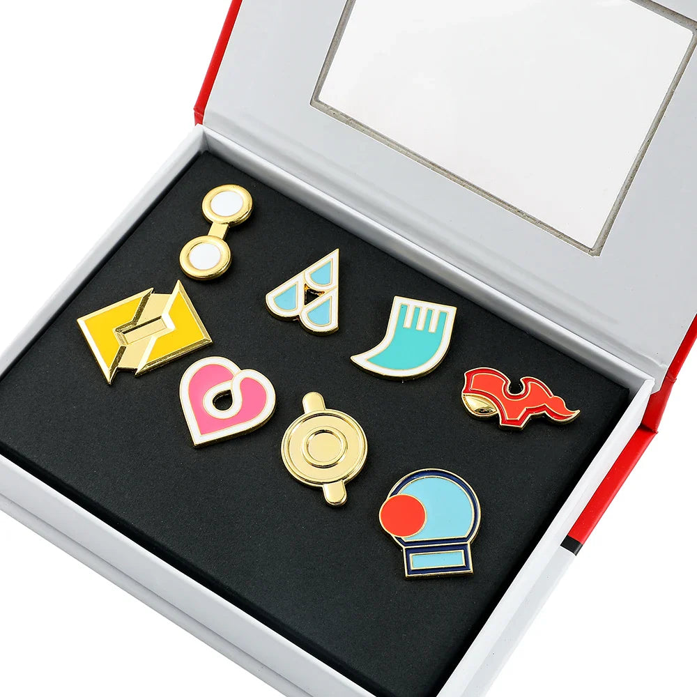 Pokemon Gym Badges Pin Set — Kanto, Johto, Hoenn, Sinnoh, Unova, Kalos & Orange Islands League Brooches with Box, Pocket Monster Collection