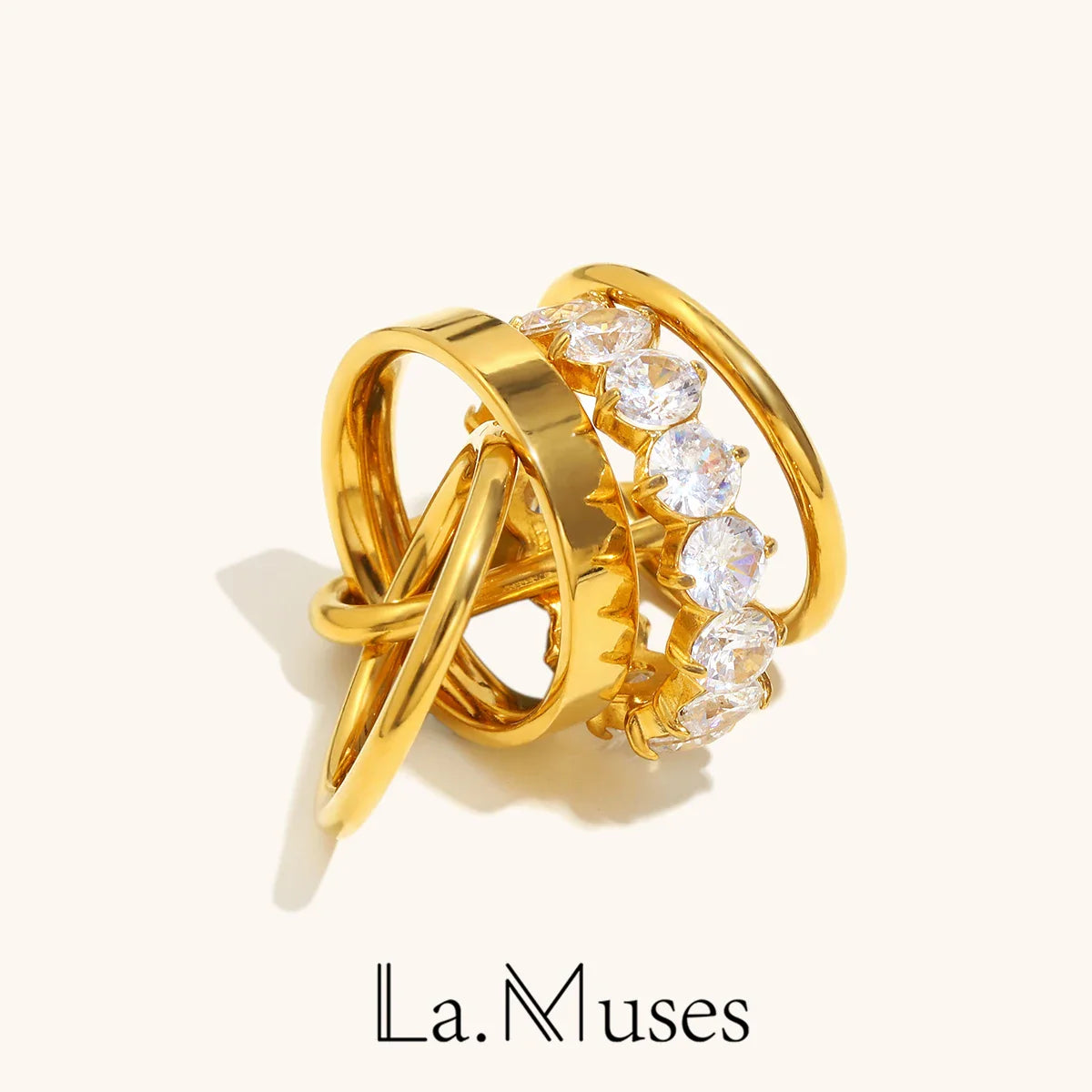 La. Muses Luxury Multi-Layer Zircon Stainless Steel Women’s Ring, PVD Gold-Plated Trendy Gift Jewelry